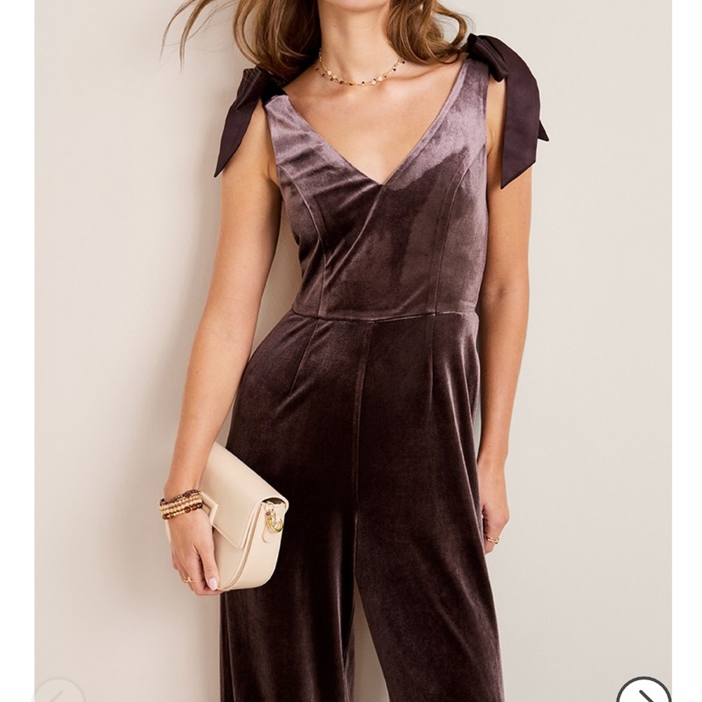 Francesca's Collections Laura Velvet Tie-Shoulder Jumpsuit in Chocolate Brown